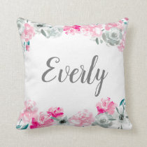Personalized girl name monogram Watercolor floral Throw Pillow