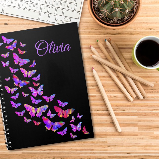 Personalized Girl Name Pink Purple Butterfly Artp Notebook (Modern stylish custom name notebook pink & purple butterfly pattern black with elegant typography )