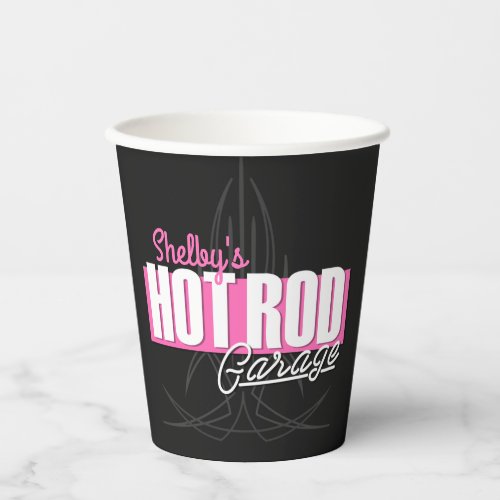 Personalized Girl NAME Pinstripes Hot Rod Garage Paper Cups