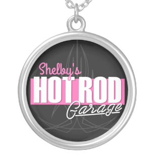 Personalized Girl NAME Pinstripes Hot Rod Garage Silver Plated Necklace