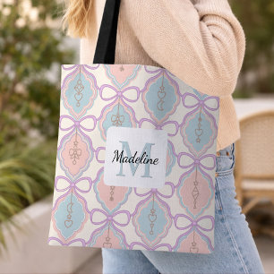 Personalized Girl Pastel Cute Bow Name Blue Pink Tote Bag