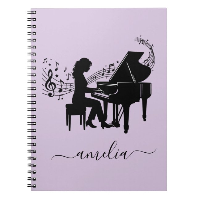 Personalized Girl Pianist Silhouette Music Notes   Notebook (Front)