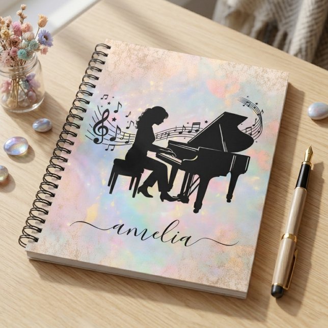 Personalized Girl Pianist Silhouette Music Notes   Notebook (Creator Uploaded)