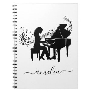 Personalized Girl Pianist Silhouette Music Notes Notebook