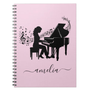 Personalized Girl Pianist Silhouette Music Notes Notebook
