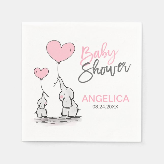 Personalized Girl Pink Elephant Mom & Baby Shower Napkins (Front)