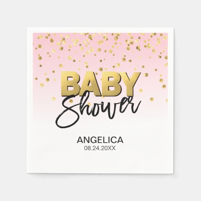 Personalized Girl Pink Gold Confetti Baby Shower Napkins (Front)