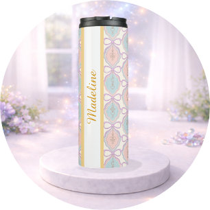 Personalized Girl Pink Pastel Blue Cute Bow Name Thermal Tumbler
