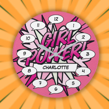 Personalized Girl Power Comic Book Pink Large Clock by ComicBookPop at Zazzle