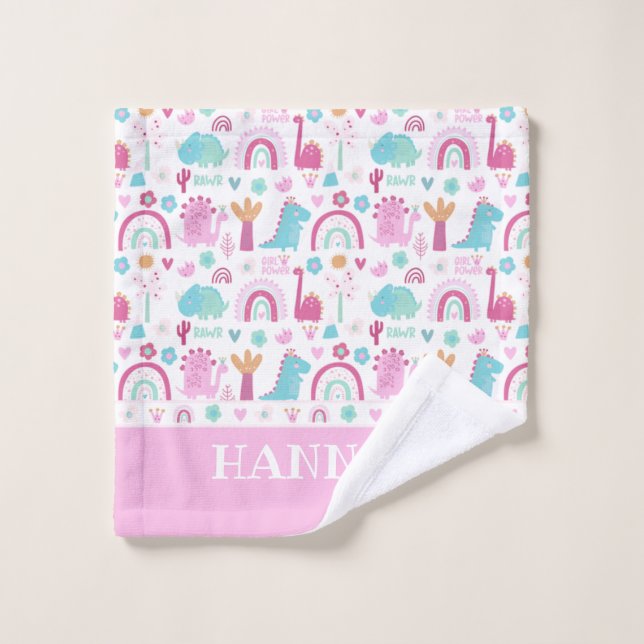 Personalized Girl Power Dinosaur Bath Towel Set (Wash Cloth)