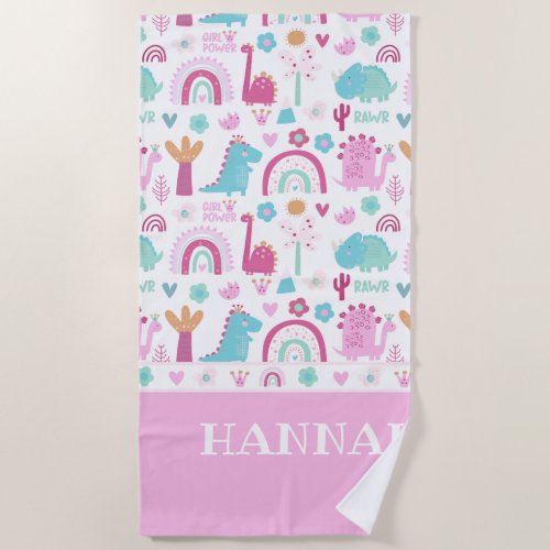 Personalized Girl Power Dinosaur Beach Towel