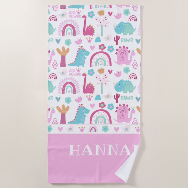 Personalized Girl Power Dinosaur Beach Towel (Front)