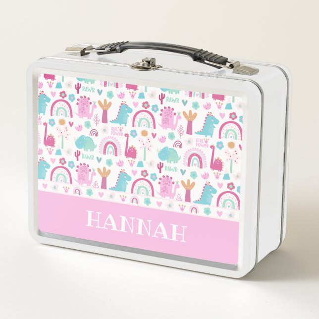 Personalized Girl Power Dinosaur Metal Lunch Box (Front)
