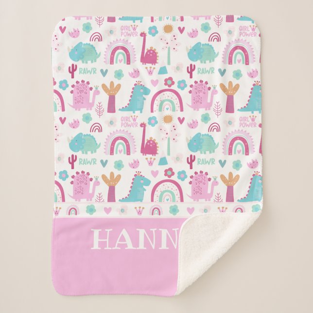 Personalized Girl Power Dinosaur Sherpa Blanket (Front)