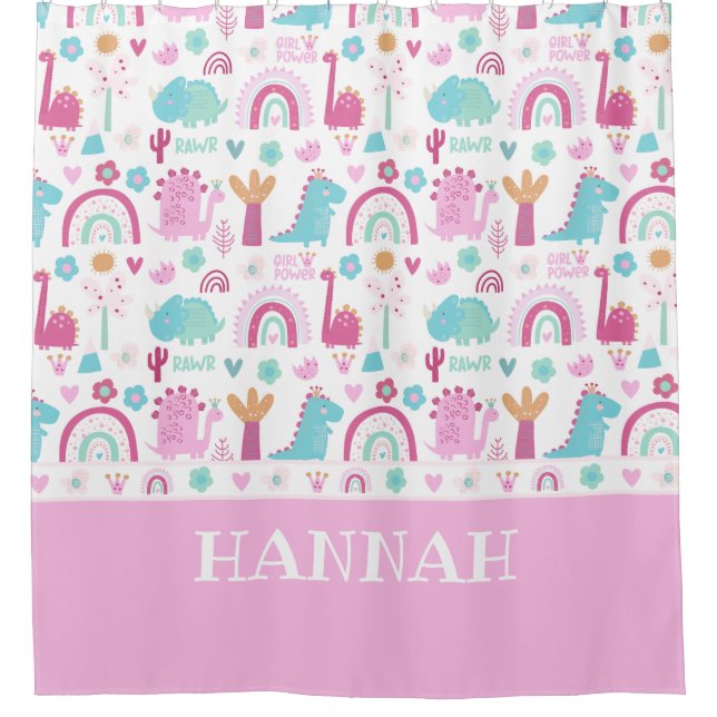 Personalized Girl Power Dinosaur Shower Curtain (Front)