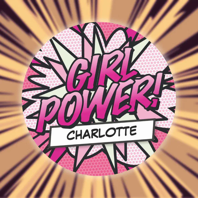 Personalized GIRL POWER Fun Comic Book Pink Classic Round Sticker | Zazzle
