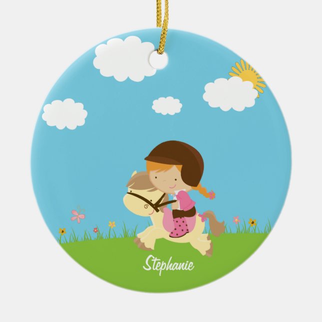 Personalized girl riding a horse floral ornament (Front)
