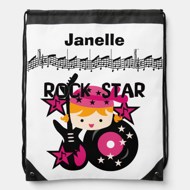 Personalized Girl Rock Star Drawstring Bag (Front)