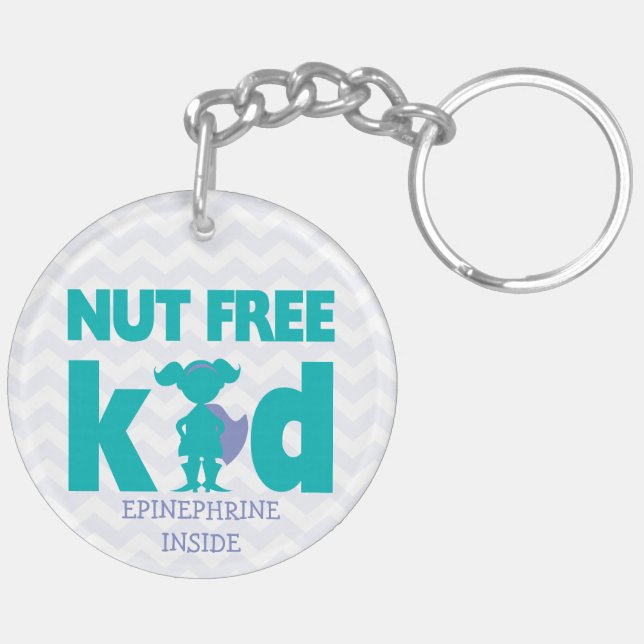 Personalized Girl Superhero Tree Nut Allergy Keychain (Back Left)