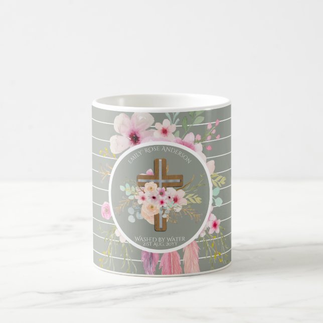 Personalized Girls BAPTISM - Floral Cross Sage Coffee Mug (Center)