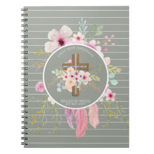 Personalized Girls BAPTISM - Floral Cross Sage Notebook