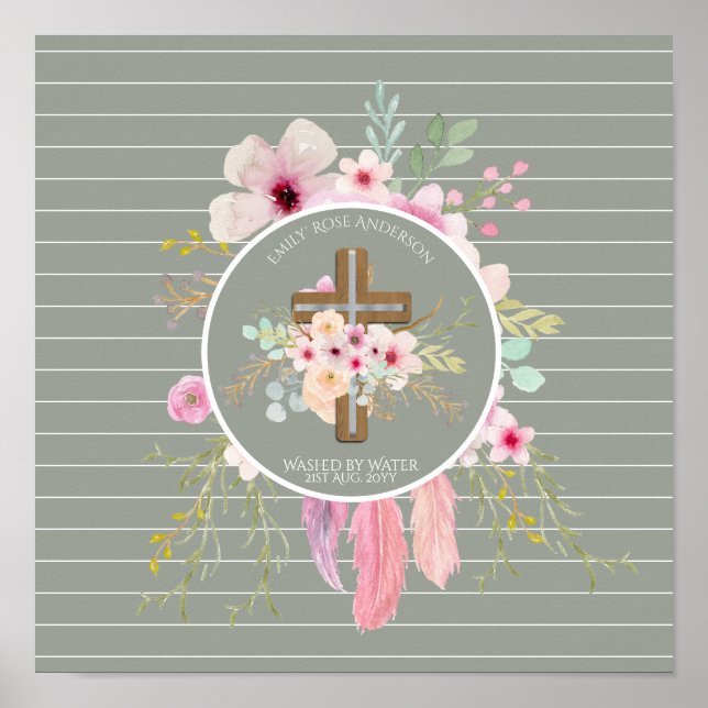 Personalized Girls BAPTISM - Floral Cross Sage Poster (Front)