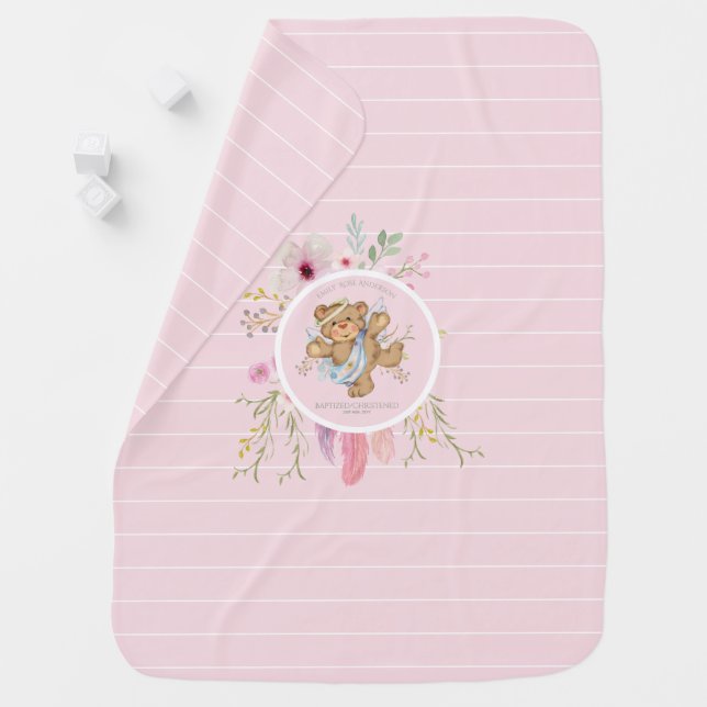 Personalized Girls BAPTISM - Pink Angel Teddybear Baby Blanket (In Situ)