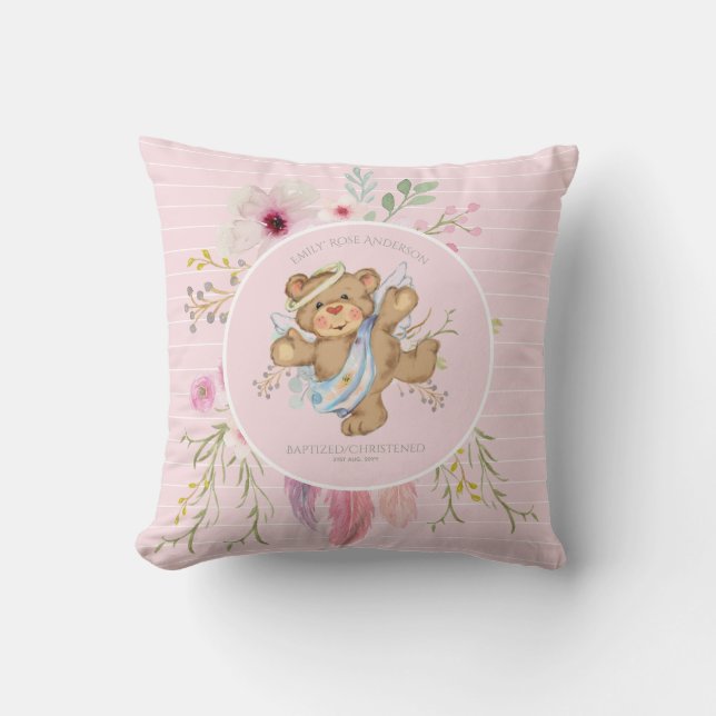 Personalized Girls BAPTISM - Pink Angel Teddybear Throw Pillow (Front)