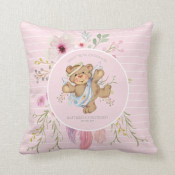 Personalized Girls BAPTISM - Pink Angel Teddybear Throw Pillow