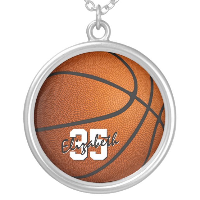 personalized girl's basketball silver plated necklace (Front)