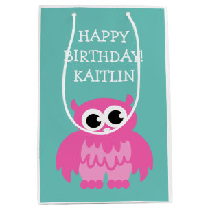 Personalized girls Birthday cute pink owl gift bag