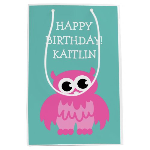 Personalized girls Birthday cute pink owl gift bag