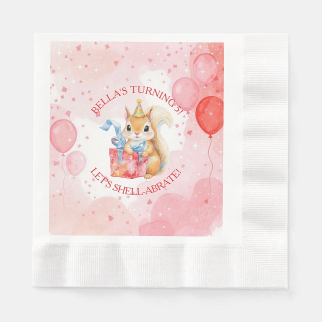 Personalized Girl's Birthday Squirrel Pink and Red Napkins (Front)