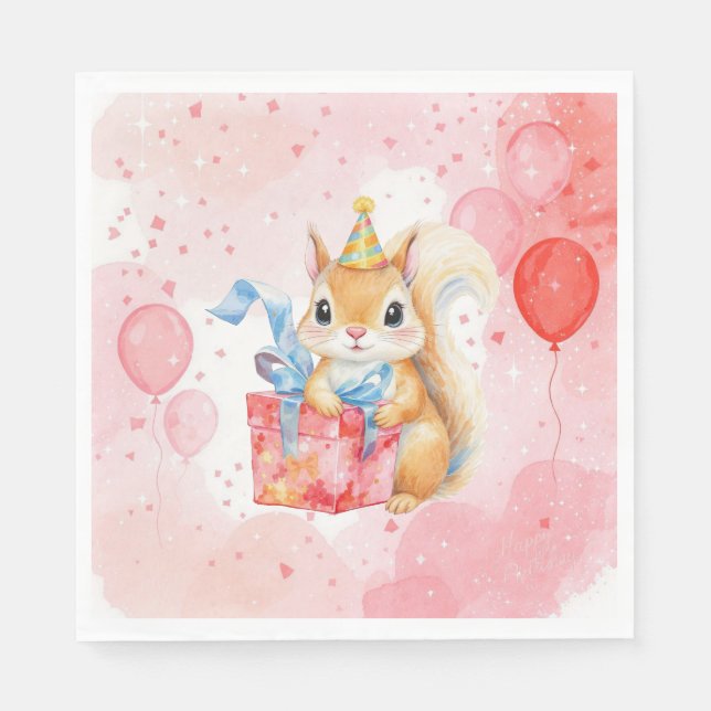 Personalized Girl's Birthday Squirrel Pink and Red Napkins (Front)