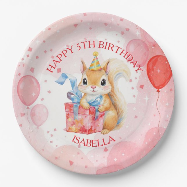 Personalized Girl's Birthday Squirrel Pink and Red Paper Plates (Front)