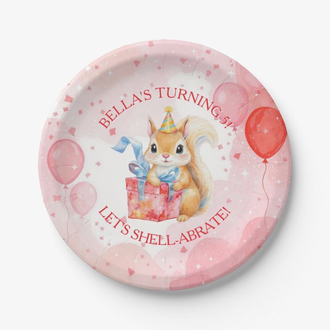 Personalized Girl's Birthday Squirrel Pink and Red Paper Plates (Front)
