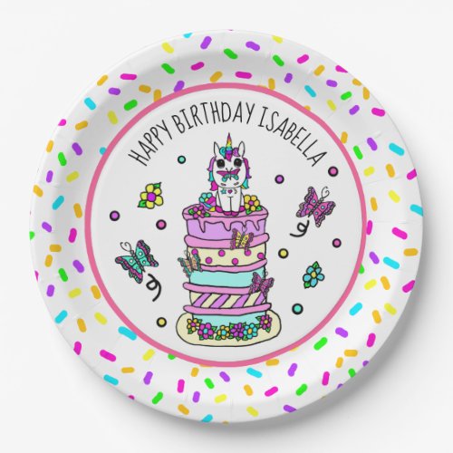 Personalized Girls Birthday Unicorn Butterflies Paper Plates