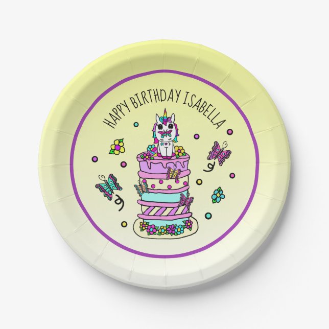 Personalized Girl's Birthday Unicorn Butterflies Paper Plates (Front)