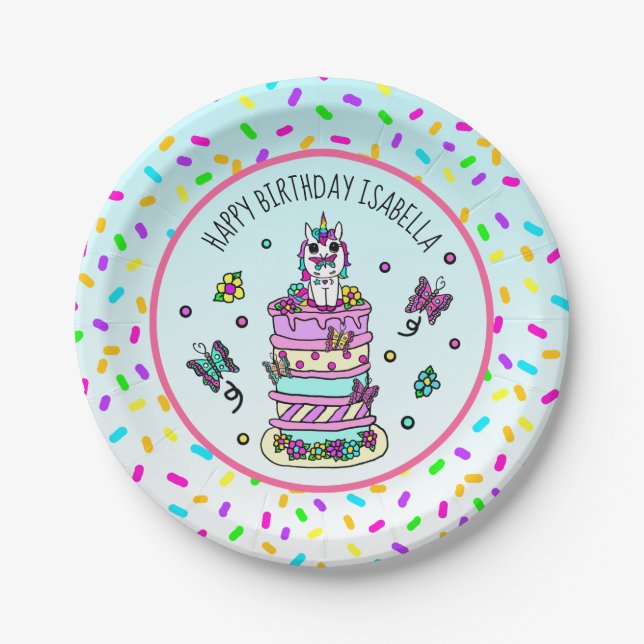 Personalized Girl's Birthday Unicorn Butterflies Paper Plates (Front)
