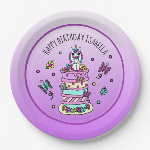 Personalized Girls Birthday Unicorn Butterflies Paper Plates