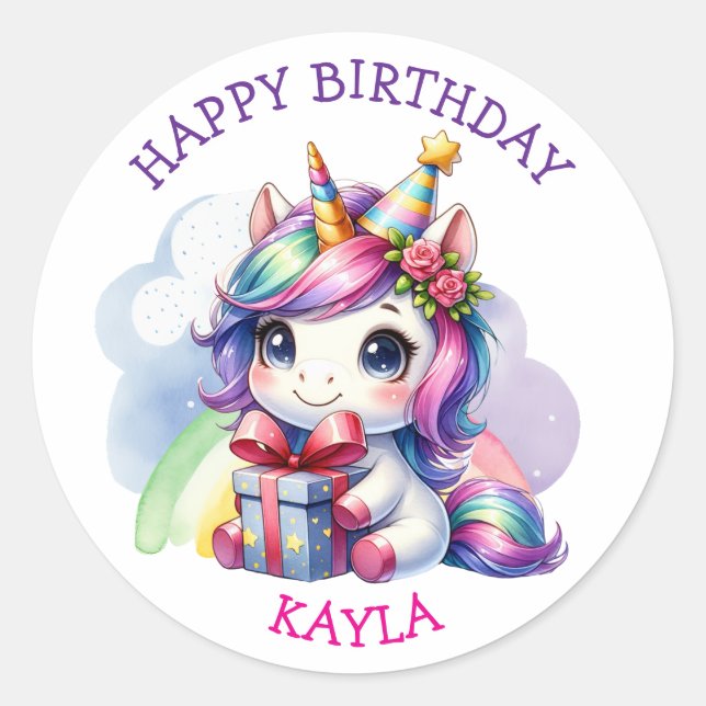 Personalized Girl's Birthday Unicorn Classic Round Sticker (Front)
