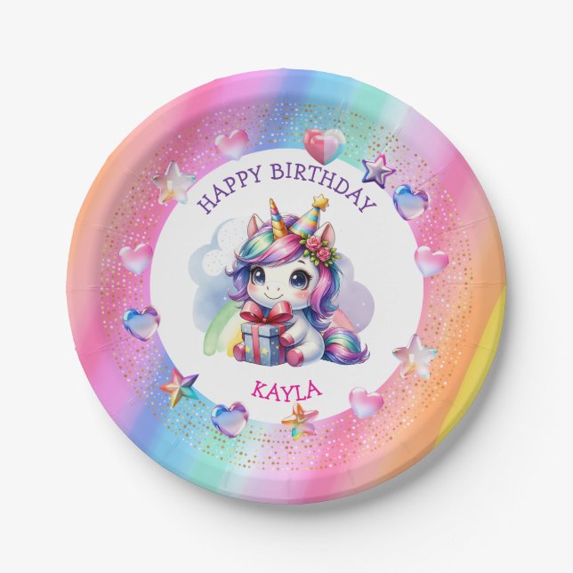 Personalized Girl's Birthday Unicorn Paper Plates (Front)