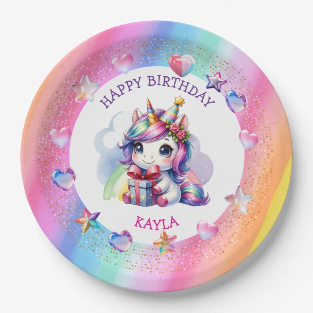 Personalized Girl's Birthday Unicorn Paper Plates (Front)