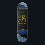 Personalized Girl's Blue Black Agate Skateboard<br><div class="desc">Personalized gold monogram on black with blue black agate gold glitter edges. Abstract geode</div>