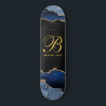 Personalized Girl's Blue Black Agate Skateboard<br><div class="desc">Personalized gold monogram on black with blue black agate gold glitter edges. Abstract geode</div>