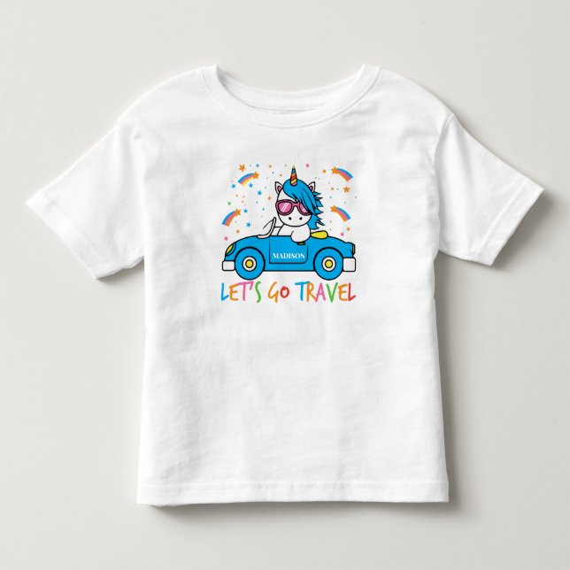 Personalized Girls Blue Car Unicorn Travel   Toddler T-shirt (Front)
