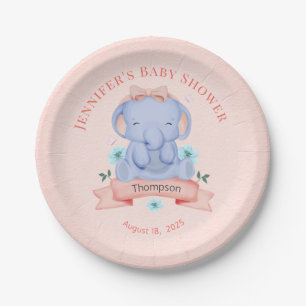 Personalized Girls Blue Elephant Coral Paper Plates