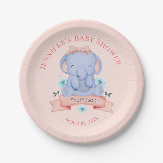 Personalized Girls Blue Elephant Coral Paper Plates (Front)