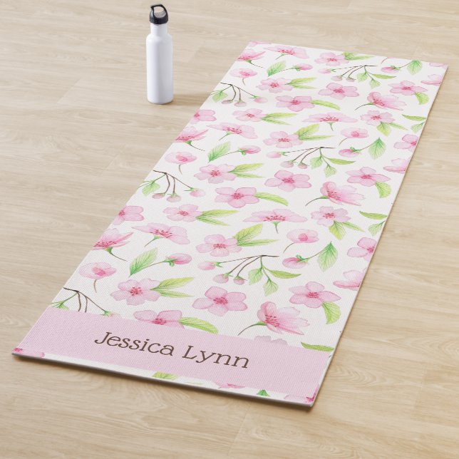 Personalized Girls Blush Pink Cherry Blossom Print Yoga Mat (In Situ)