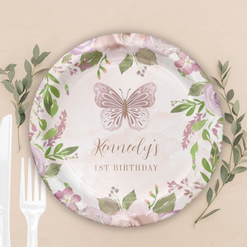 Personalized Girls Butterfly Floral 1st Birthday Paper Plates